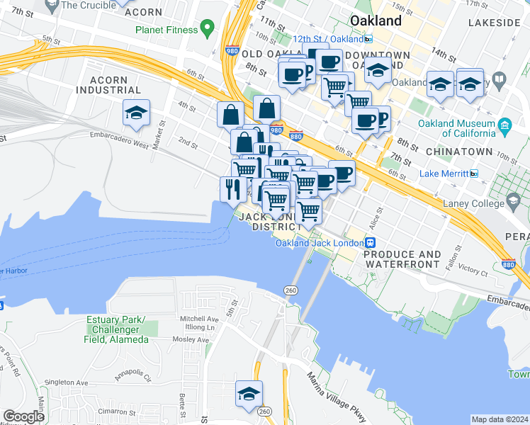 map of restaurants, bars, coffee shops, grocery stores, and more near 59 Broadway in Oakland