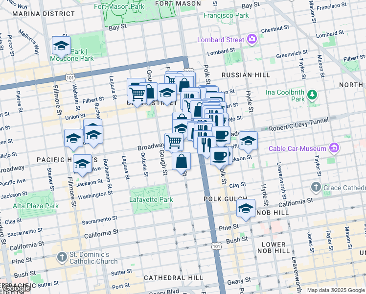 map of restaurants, bars, coffee shops, grocery stores, and more near 2224 Franklin Street in San Francisco