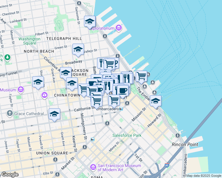 map of restaurants, bars, coffee shops, grocery stores, and more near 250 Clay Street in San Francisco
