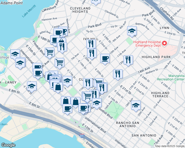 map of restaurants, bars, coffee shops, grocery stores, and more near 1020 East 19th Street in Oakland