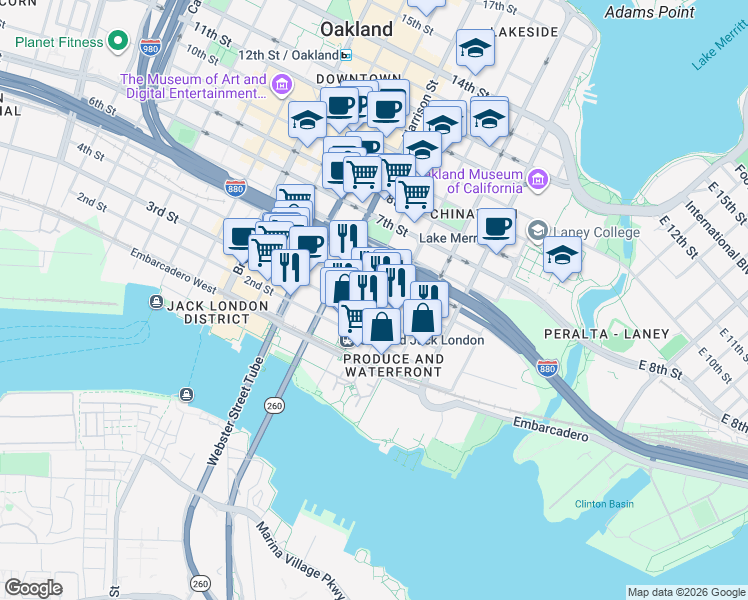 map of restaurants, bars, coffee shops, grocery stores, and more near 247 4th Street in Oakland
