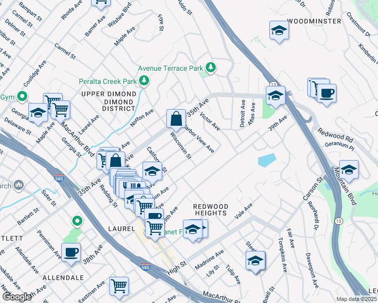 map of restaurants, bars, coffee shops, grocery stores, and more near 3724 Wisconsin Street in Oakland