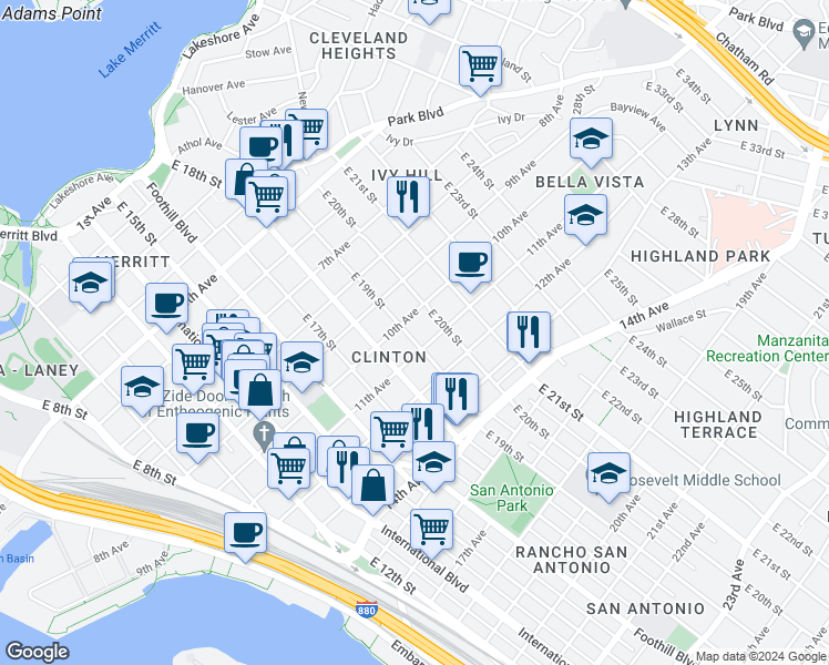 map of restaurants, bars, coffee shops, grocery stores, and more near 1020 East 19th Street in Oakland