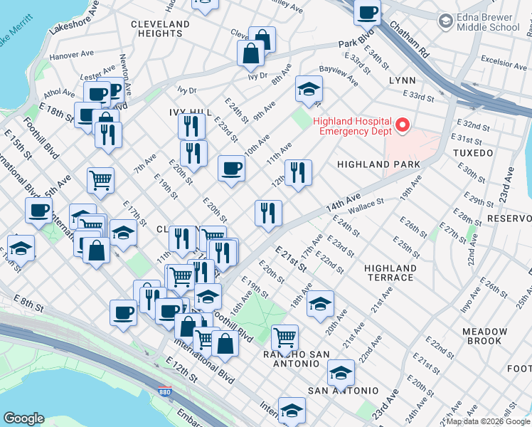 map of restaurants, bars, coffee shops, grocery stores, and more near 2118 12th Avenue in Oakland