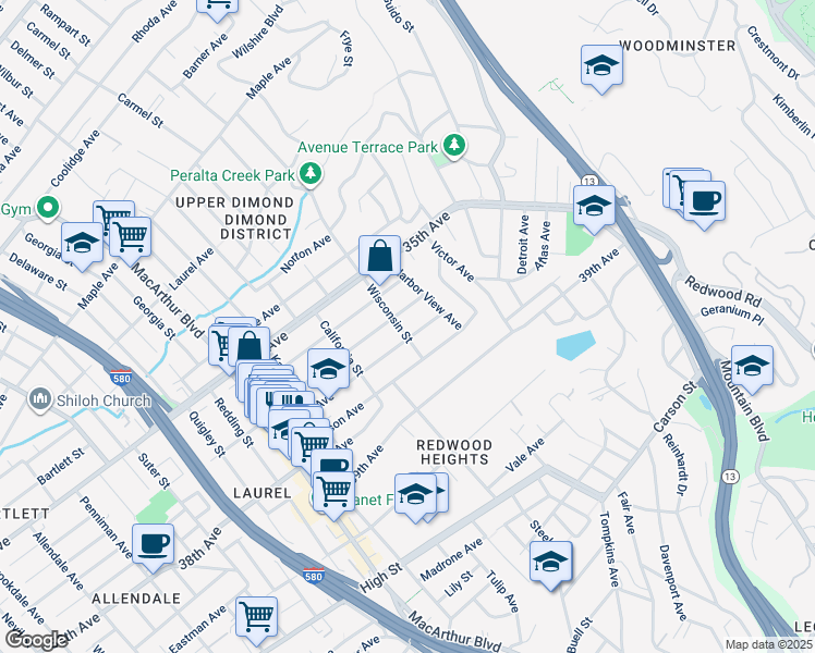 map of restaurants, bars, coffee shops, grocery stores, and more near 3724 Wisconsin Street in Oakland
