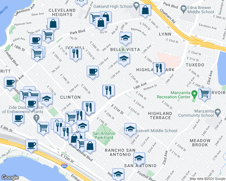 map of restaurants, bars, coffee shops, grocery stores, and more near 2206 13th Avenue in Oakland