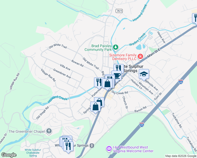 map of restaurants, bars, coffee shops, grocery stores, and more near 607 Villa Ave in White Sulphur Springs