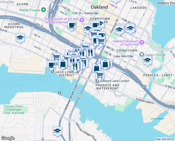 map of restaurants, bars, coffee shops, grocery stores, and more near 215 Webster Street in Oakland