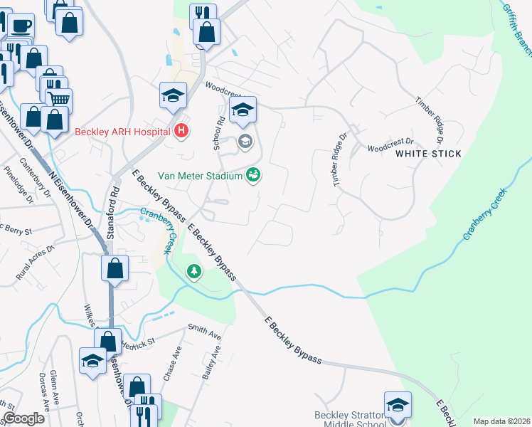 map of restaurants, bars, coffee shops, grocery stores, and more near 56 Osprey Rd in Beckley