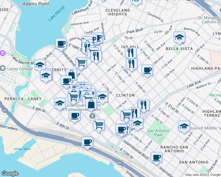 map of restaurants, bars, coffee shops, grocery stores, and more near in Oakland
