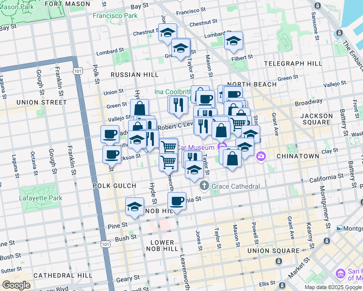 map of restaurants, bars, coffee shops, grocery stores, and more near 1535 Jones Street in San Francisco