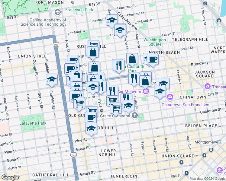 map of restaurants, bars, coffee shops, grocery stores, and more near 1556 Leavenworth Street in San Francisco