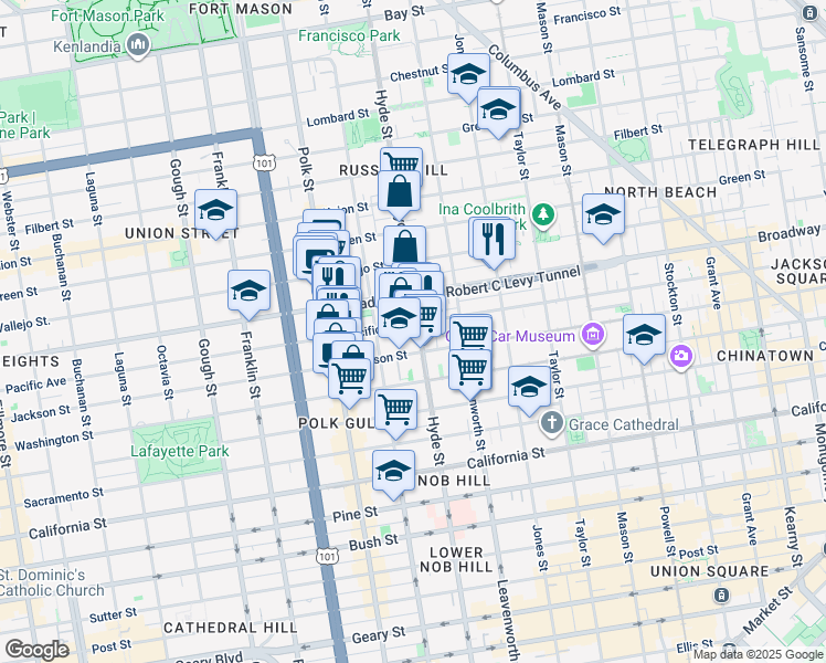 map of restaurants, bars, coffee shops, grocery stores, and more near 1387 Pacific Avenue in San Francisco