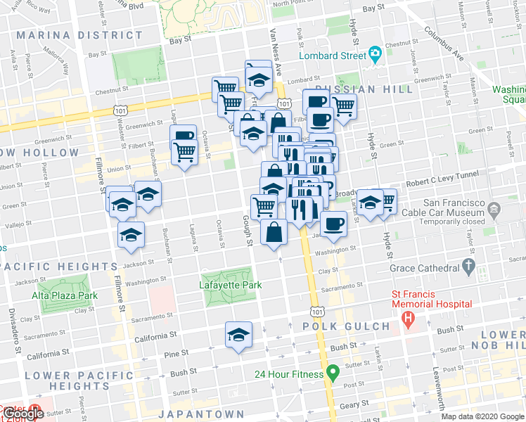 map of restaurants, bars, coffee shops, grocery stores, and more near 1730 Broadway in San Francisco