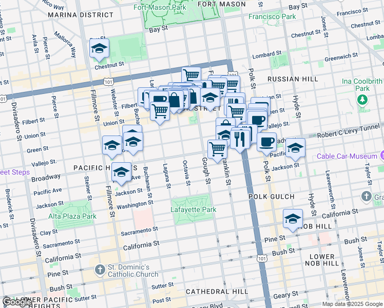 map of restaurants, bars, coffee shops, grocery stores, and more near in San Francisco