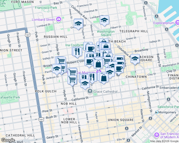 map of restaurants, bars, coffee shops, grocery stores, and more near Jackson St & Taylor St in San Francisco