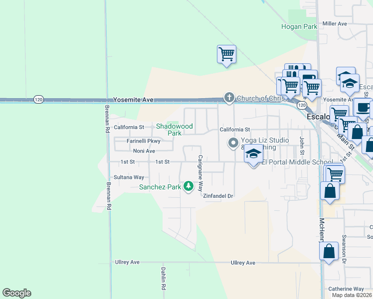 map of restaurants, bars, coffee shops, grocery stores, and more near 550 Chablis Drive in Escalon