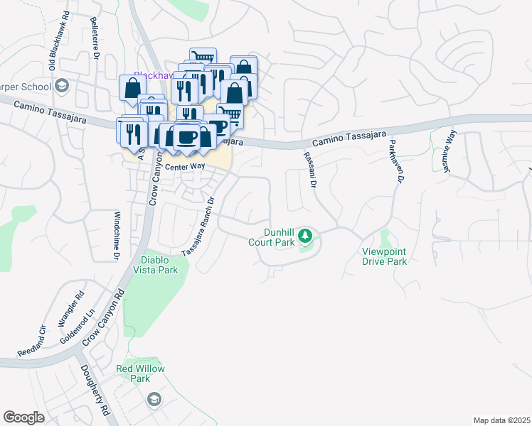 map of restaurants, bars, coffee shops, grocery stores, and more near 60 Sierra Ridge Court in Danville