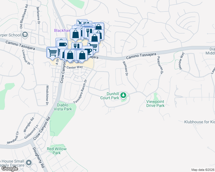 map of restaurants, bars, coffee shops, grocery stores, and more near 60 Sierra Ridge Court in Danville