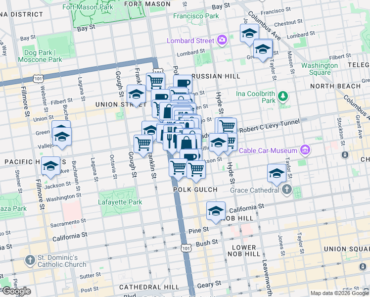 map of restaurants, bars, coffee shops, grocery stores, and more near 1601 Pacific Avenue in San Francisco