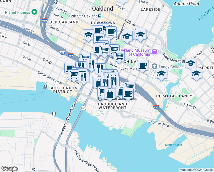 map of restaurants, bars, coffee shops, grocery stores, and more near in Oakland