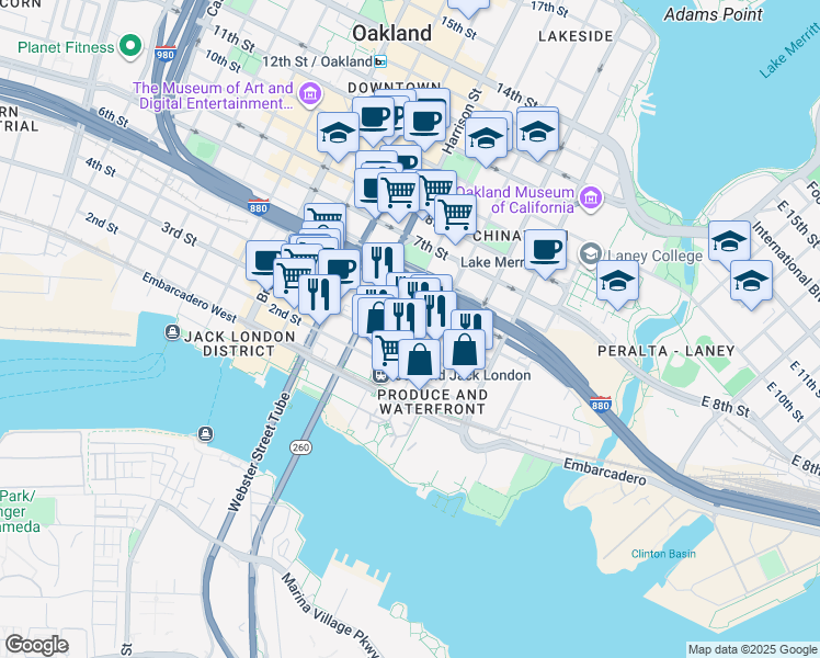 map of restaurants, bars, coffee shops, grocery stores, and more near 255 4th Street in Oakland
