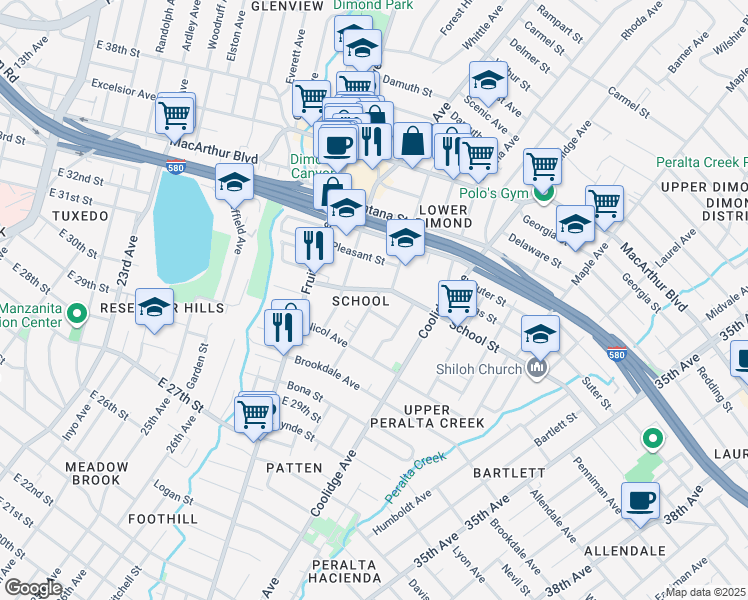 map of restaurants, bars, coffee shops, grocery stores, and more near 2845 School Street in Oakland