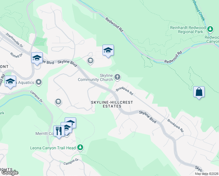 map of restaurants, bars, coffee shops, grocery stores, and more near 2 Skyline Boulevard in Oakland