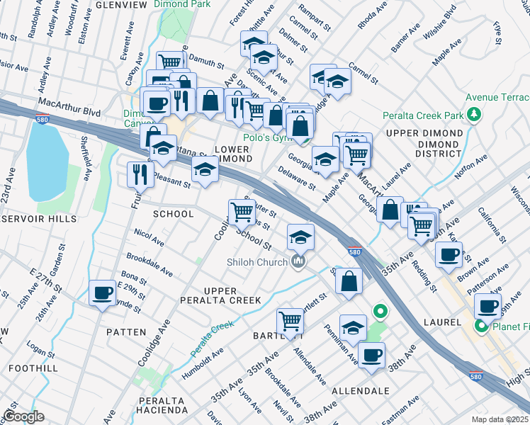 map of restaurants, bars, coffee shops, grocery stores, and more near 3280 Pleitner Avenue in Oakland