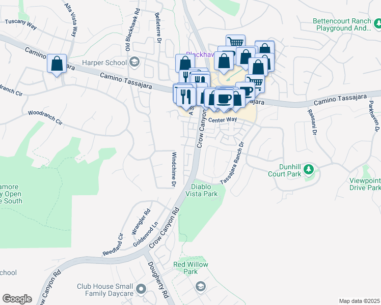map of restaurants, bars, coffee shops, grocery stores, and more near 44 Copperfield Lane in Danville