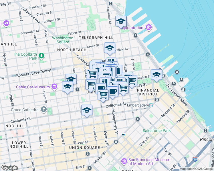 map of restaurants, bars, coffee shops, grocery stores, and more near 611 Washington Street in San Francisco
