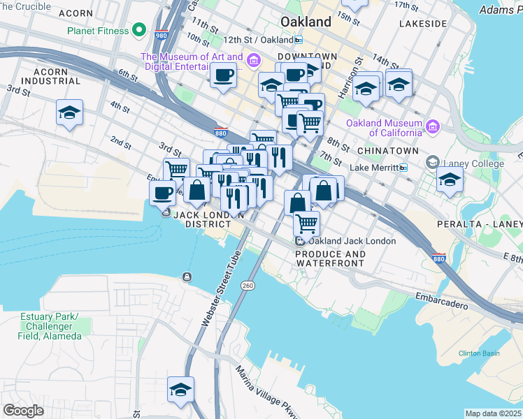 map of restaurants, bars, coffee shops, grocery stores, and more near 215 Webster Street in Oakland