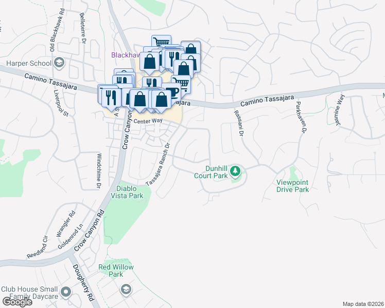 map of restaurants, bars, coffee shops, grocery stores, and more near 105 Pinnacle Ridge Court in Danville