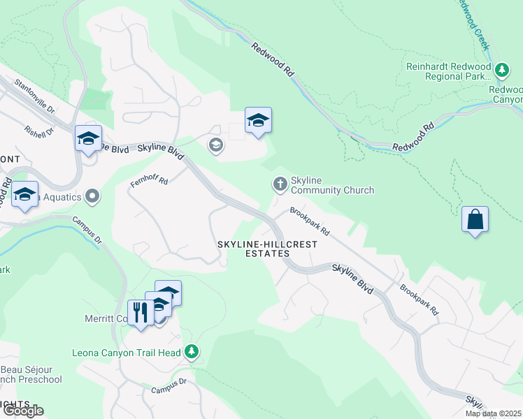 map of restaurants, bars, coffee shops, grocery stores, and more near 2 Skyline Boulevard in Oakland