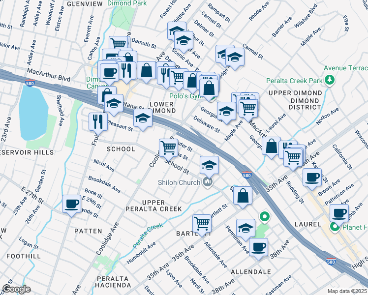 map of restaurants, bars, coffee shops, grocery stores, and more near 3280 Pleitner Avenue in Oakland