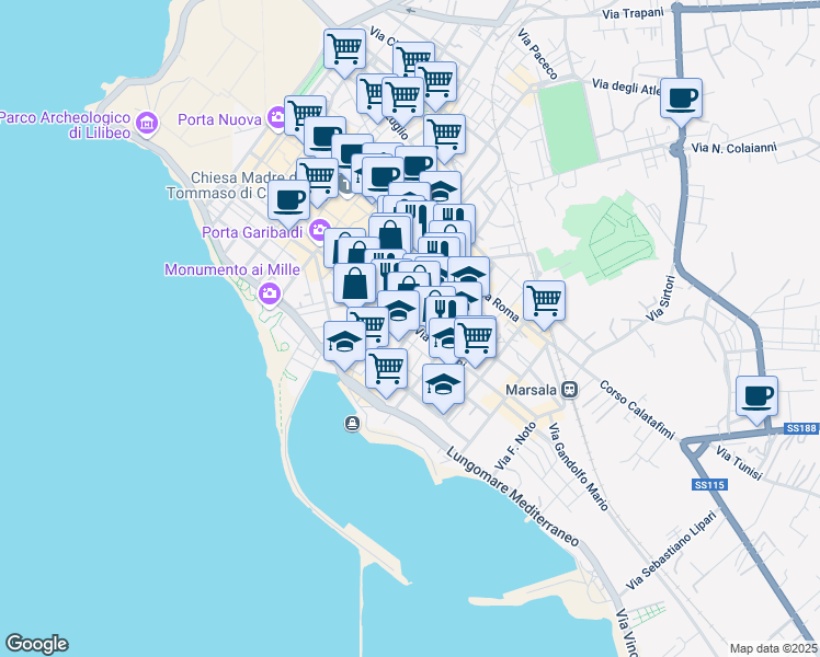map of restaurants, bars, coffee shops, grocery stores, and more near 38 Via Mazzini in Marsala