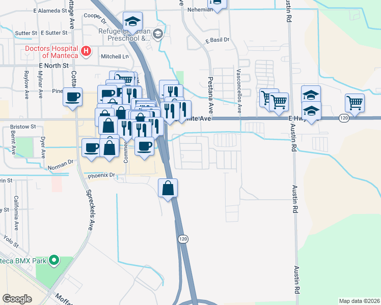 map of restaurants, bars, coffee shops, grocery stores, and more near 1830 East Yosemite Avenue in Manteca