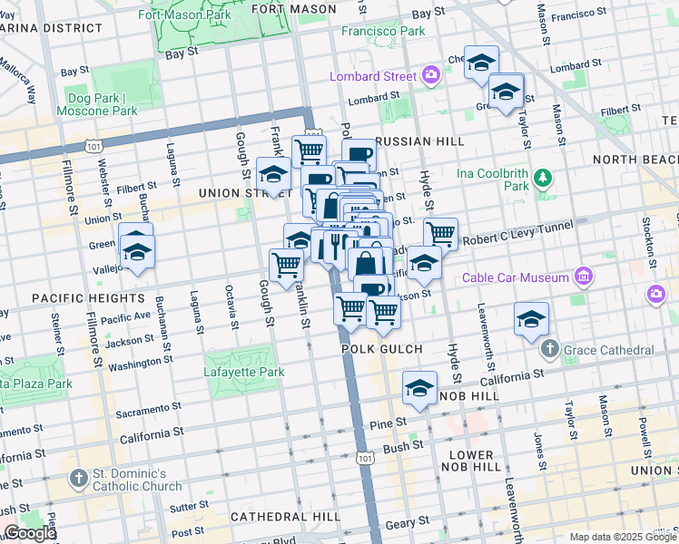 map of restaurants, bars, coffee shops, grocery stores, and more near 2128 Van Ness Avenue in San Francisco