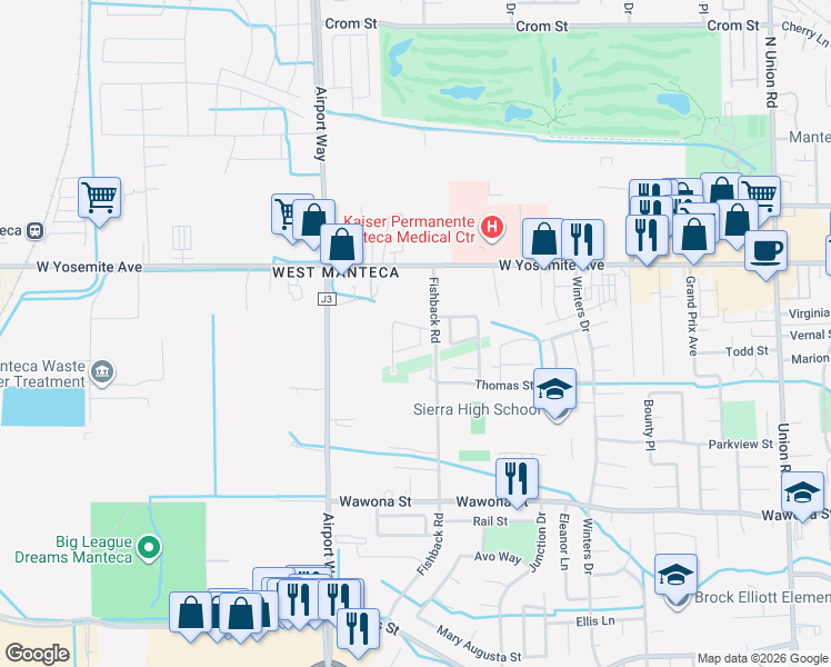 map of restaurants, bars, coffee shops, grocery stores, and more near 1968 Castillo Way in Manteca