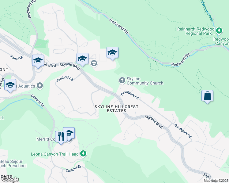 map of restaurants, bars, coffee shops, grocery stores, and more near Skyline Boulevard in Oakland
