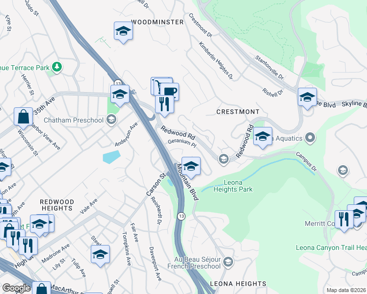 map of restaurants, bars, coffee shops, grocery stores, and more near 4649 Fieldbrook Road in Oakland