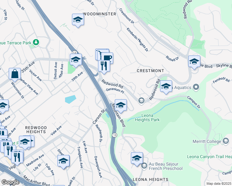 map of restaurants, bars, coffee shops, grocery stores, and more near 4649 Fieldbrook Road in Oakland