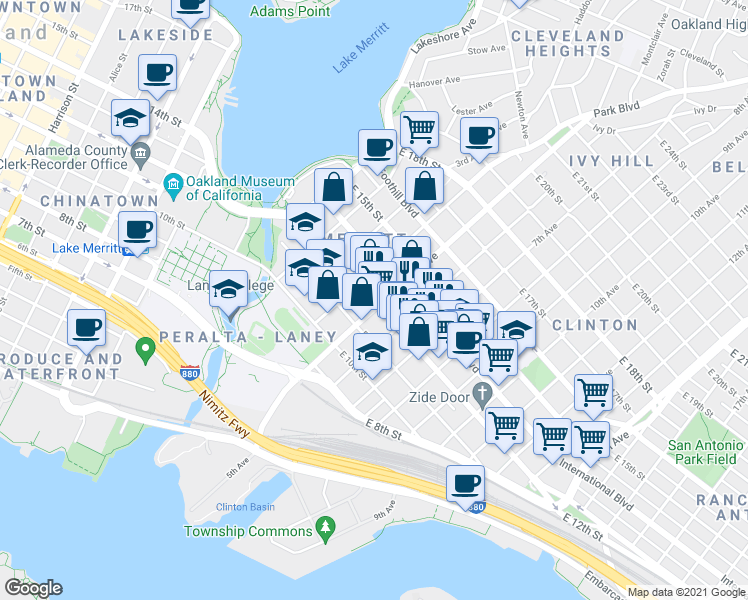map of restaurants, bars, coffee shops, grocery stores, and more near 446 East 12th Street in Oakland