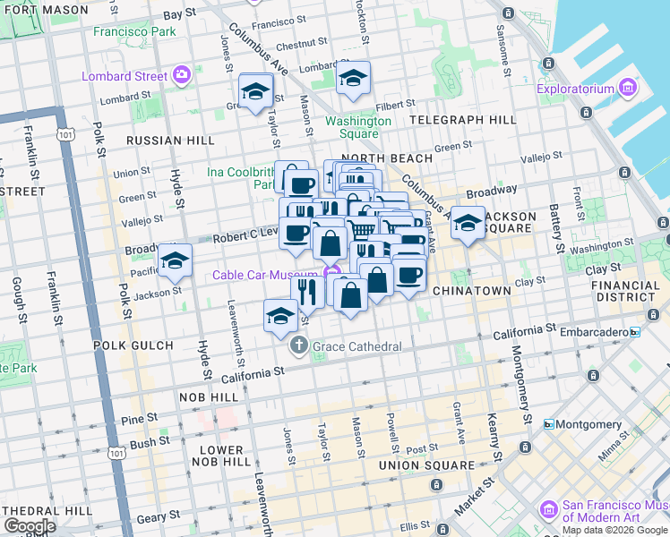 map of restaurants, bars, coffee shops, grocery stores, and more near 1260 Mason Street in San Francisco