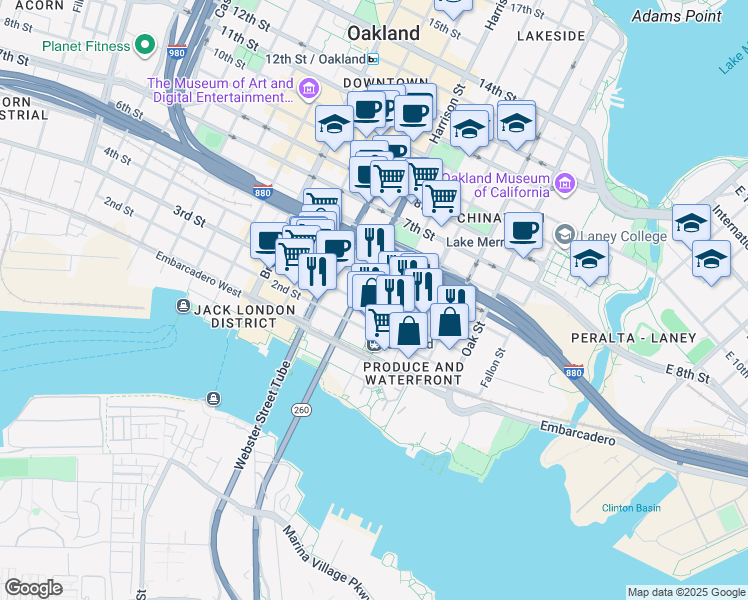 map of restaurants, bars, coffee shops, grocery stores, and more near 288 3rd Street in Oakland