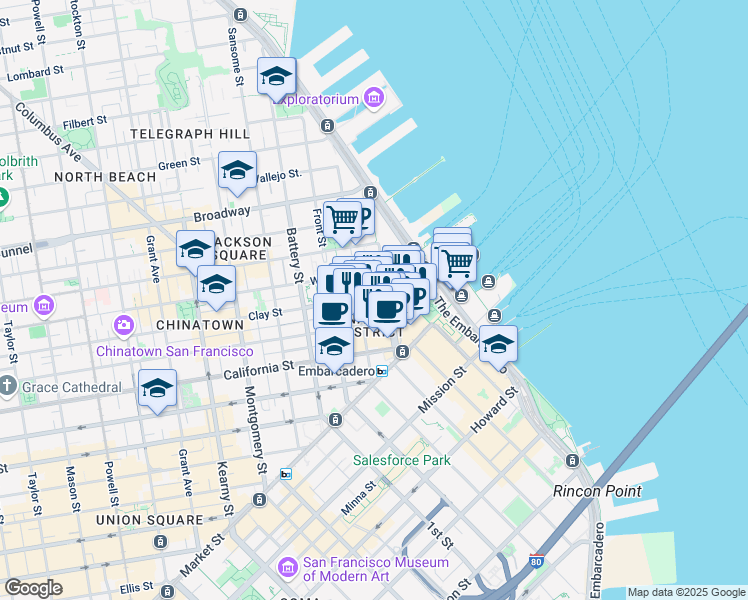 map of restaurants, bars, coffee shops, grocery stores, and more near 100 Clay Street in San Francisco