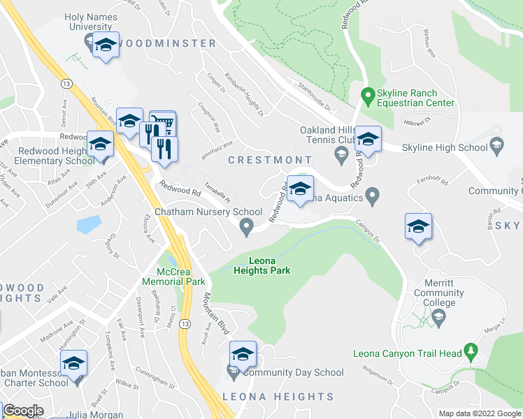 map of restaurants, bars, coffee shops, grocery stores, and more near 10 Sereno Circle in Oakland