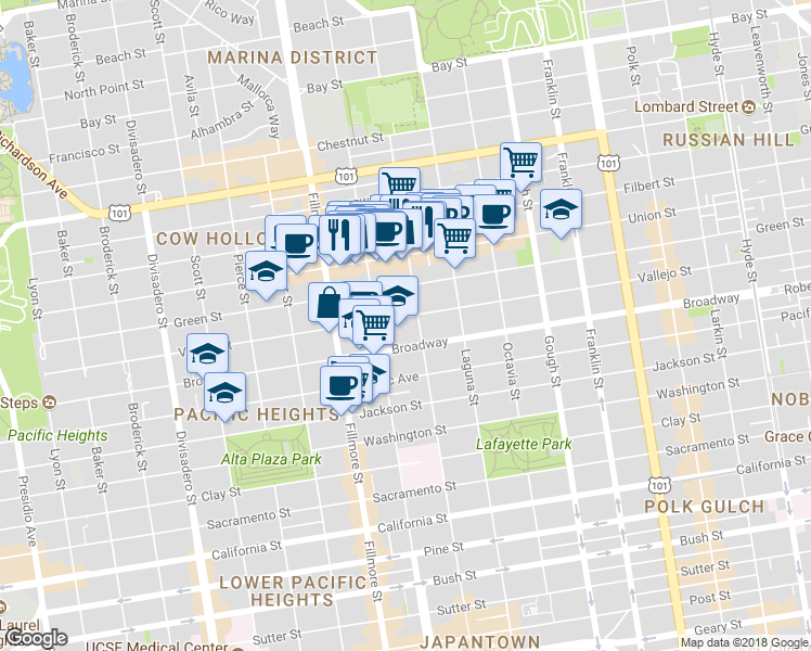 map of restaurants, bars, coffee shops, grocery stores, and more near 2127 Vallejo St in San Francisco