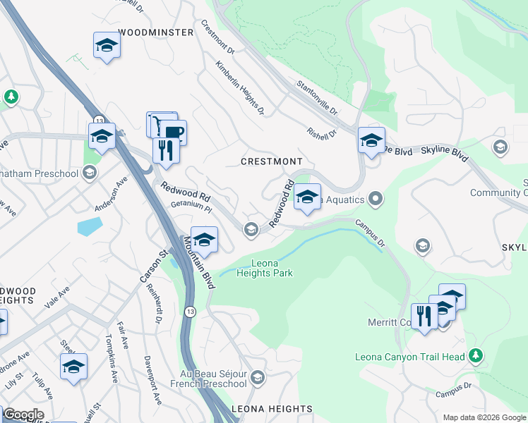 map of restaurants, bars, coffee shops, grocery stores, and more near 10 Sereno Circle in Oakland