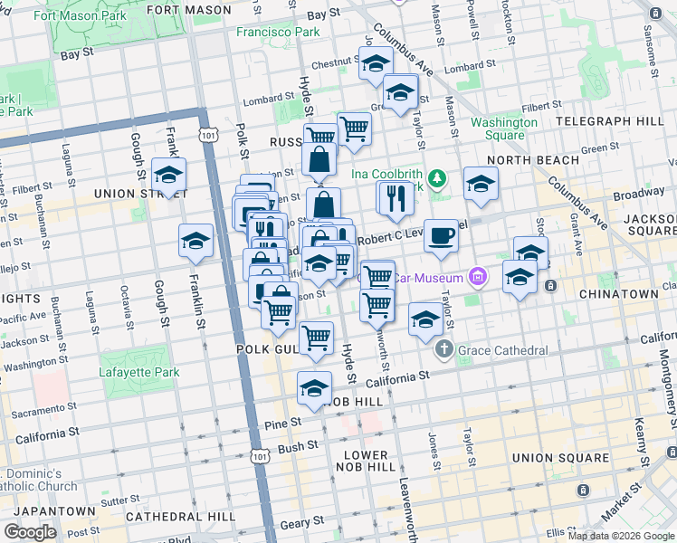 map of restaurants, bars, coffee shops, grocery stores, and more near 1550 Hyde Street in San Francisco